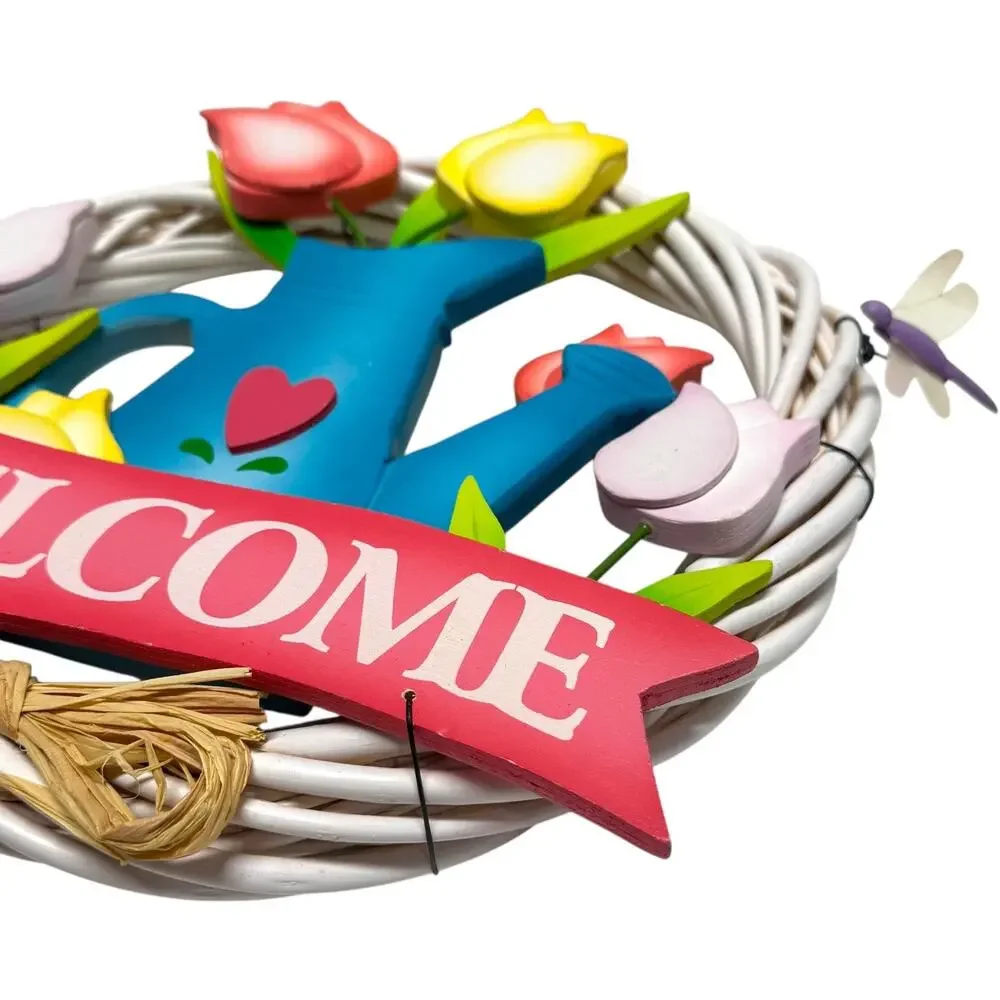 Welcome Wreath Door Hanger Tulip Pink Blue Yellow 12 inch